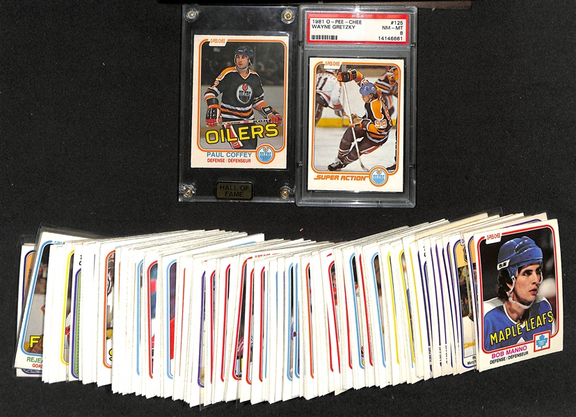 1981-82 O-Pee-Chee Hockey Partial Set with Paul Coffey Rookie, Wayne Gretzky (PSA 8)