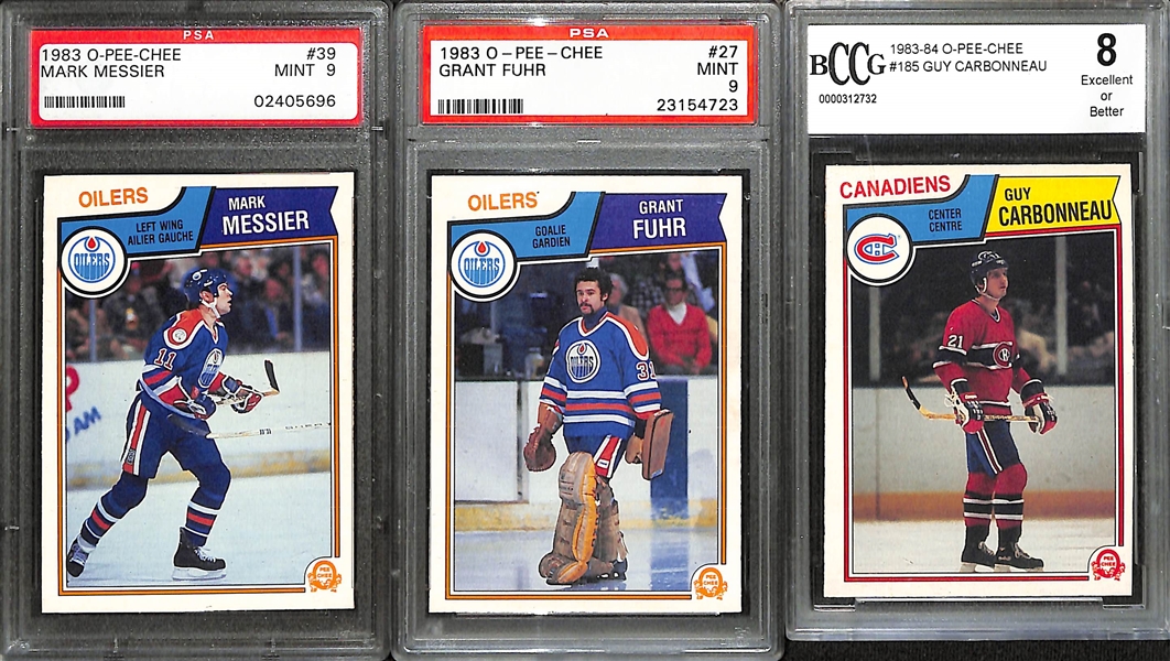 1983-84 O-Pee-Chee Hockey Partial Set w. Mark Messier (PSA 9), Grant Fuhr (PSA 9), Guy Carbonneau Rookie (BCCG 8)