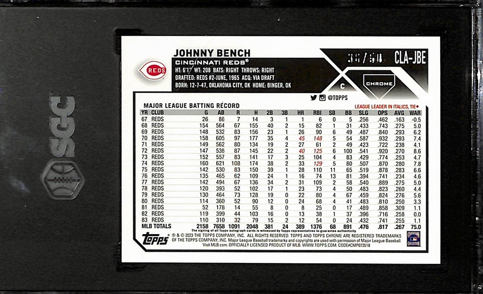 2023 Topps Chrome Update Johnny Bench Legends Autograph Graded SGC 9.5 (10 Auto) (#/50)