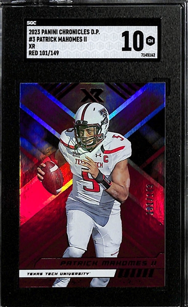 Lot of (7) Jalen Hurts & Patrick Mahomes Cards inc. 2023 Chronicles Draft Picks Patrick Mahomes XR Red (SGC 10) (#/149), 2020 Phoenix Jalen Hurts Fire Burst Rookie (PSA 10), +