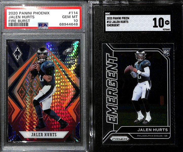 Lot of (7) Jalen Hurts & Patrick Mahomes Cards inc. 2023 Chronicles Draft Picks Patrick Mahomes XR Red (SGC 10) (#/149), 2020 Phoenix Jalen Hurts Fire Burst Rookie (PSA 10), +