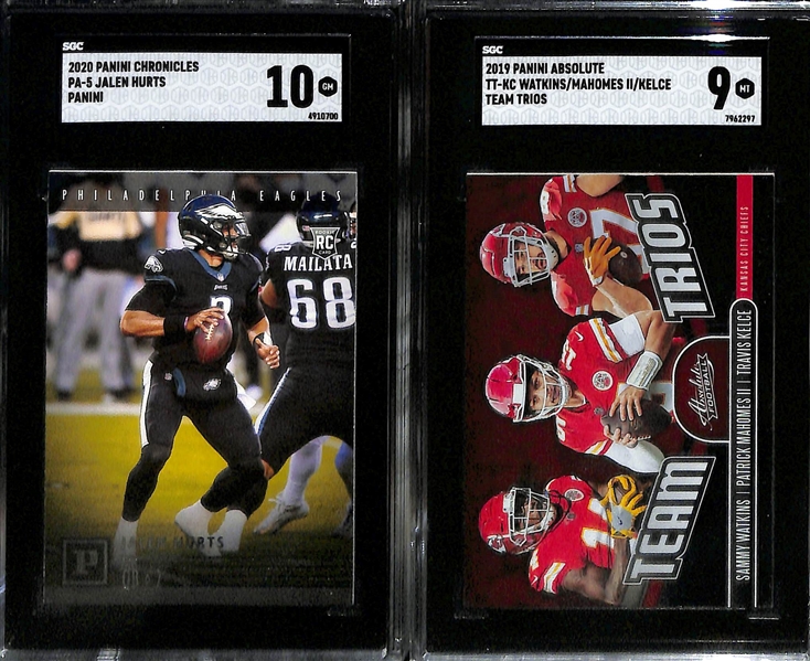 Lot of (7) Jalen Hurts & Patrick Mahomes Cards inc. 2023 Chronicles Draft Picks Patrick Mahomes XR Red (SGC 10) (#/149), 2020 Phoenix Jalen Hurts Fire Burst Rookie (PSA 10), +