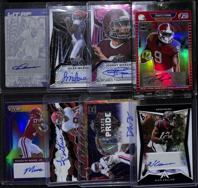 Lot of (8) Football Autographs Cards inc. 2022 Leaf Pro Set Metal Chris Olave Rookie Printing Plate (#/1), 2023 Leaf Metal Jalen Milroe Rookie (#/3), +