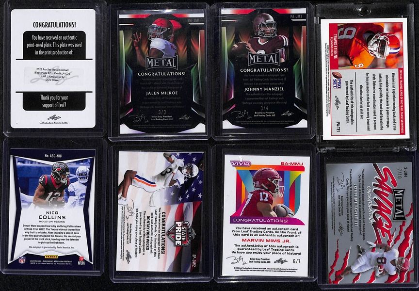 Lot of (8) Football Autographs Cards inc. 2022 Leaf Pro Set Metal Chris Olave Rookie Printing Plate (#/1), 2023 Leaf Metal Jalen Milroe Rookie (#/3), +