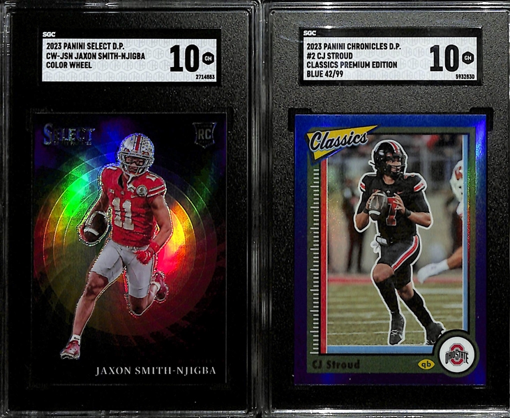 Lot of (5) Graded Football Rookie Cards inc. 1984 Topps John Elway (PSA 8), 2023 Select Draft Picks Jaxon Smith-Njigba Color Wheel (SGC 10), +