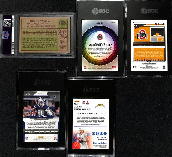 Lot of (5) Graded Football Rookie Cards inc. 1984 Topps John Elway (PSA 8), 2023 Select Draft Picks Jaxon Smith-Njigba Color Wheel (SGC 10), +