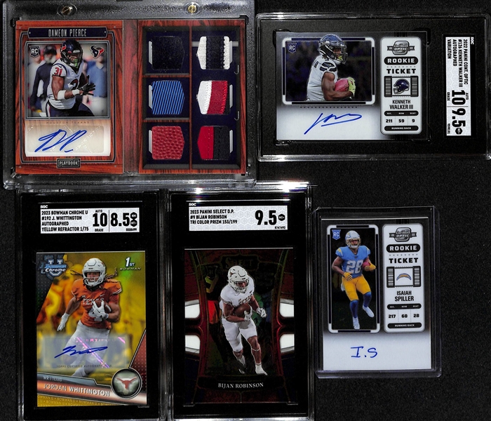 Lot of (5) Football Rookie Cards inc. 2022 Playbook Dameon Pierce Booklet Autograph 6 Piece Patch (#/25), +