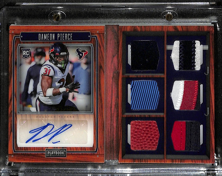 Lot of (5) Football Rookie Cards inc. 2022 Playbook Dameon Pierce Booklet Autograph 6 Piece Patch (#/25), +