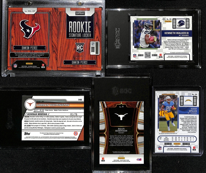 Lot of (5) Football Rookie Cards inc. 2022 Playbook Dameon Pierce Booklet Autograph 6 Piece Patch (#/25), +