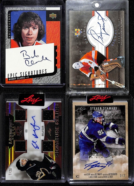 Lot of (4) Hockey Autograph Cards inc. 2000-01 Upper Deck NHL Legends Bobby Clarke Epic Signatures, 2006-07 Ultimate Collection Bernie Parent, +