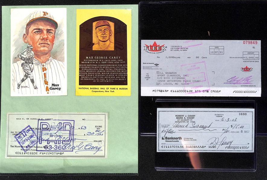 Lot of (3) HOFer Signed Checks - Bob Cousey, Max Carey, & Bill Moose Skowron (JSA Auction Letter)