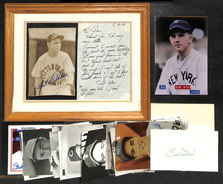 (28) Old-Timer Baseball Autographs w. Musial, Doerr, Rizzuto, Sam Byrd, Hermanski, + (JSA Auction Letter)