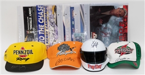 (11) NASCAR Autographed Items Inc. PayDay Mini Helmet (Kevin Harvick), 3 Hats (Michael Waltrip, Bobby LaBonte, Rusty Wallace), Al Unser Ticket Stub, (6) Large Photo Cards (Dale Earnhardt Jr., Kyle...