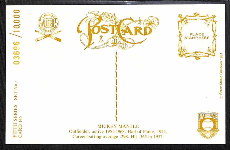 Mickey Mantle Signed Perez Steele Postcard (JSA Auction Letter)