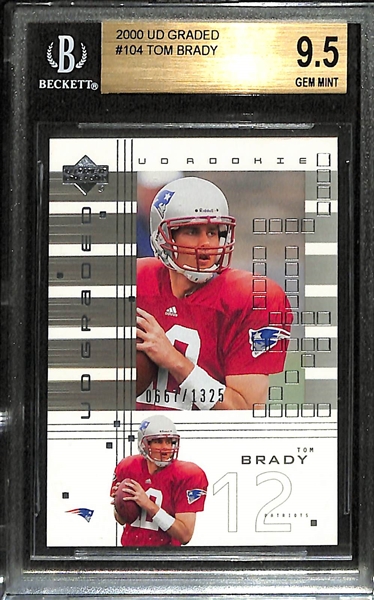 2000 UD Graded Tom Brady Rookie Card #104, Serial Numbered 0667/1325 Graded BGS 9.5 Gem Mint (All 9.5 Subgrades)