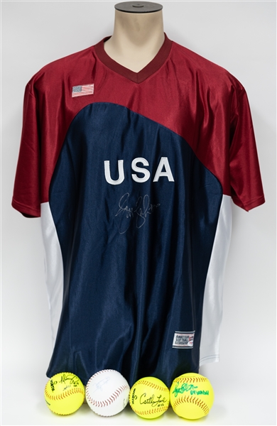 (5) Signed Team USA Softball Items - Jenny Finch Signed USA Jersey (PSA/DNA) & (4) Signed Softballs (Finch, Monica Abbott, Caitlyn Lowe, Jessica Mendoza) - JSA Auction Letter