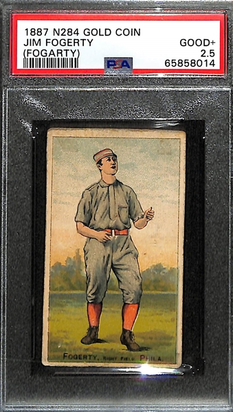 Rarely Seen 1887 N284 Gold Coin Chewing Tobacco Baseball Card Jim Fogerty (Stolen Base Leader Played for Philadelphia Quakers & Athletics) Graded PSA 2.5