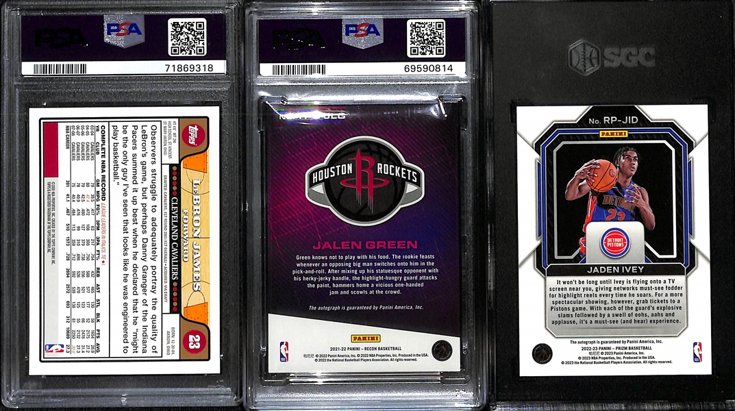 Lot of (3) Graded Basketball Cards- 2008-09 Topps LeBron James (PSA 8), 2021-22 Recon Jalen Green Rookie Autograph (PSA 9), 2021-22 Prizm Jaden Ivey Rookie Autograph (SGC 9.5) (10 Auto)