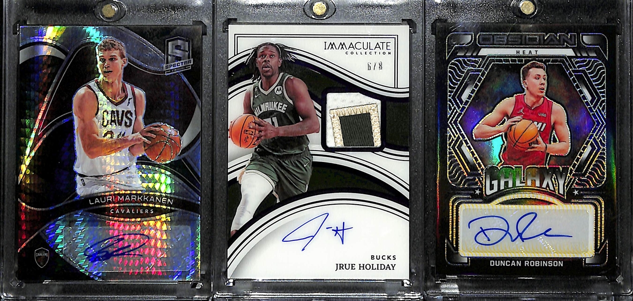 Lot of (3) Basketball Veteran Autographs- 2021-22 Spectra Lauri Markkanen (#/1), 2022-23 Immaculate Jrue Holiday Patch (#/8), 2021-22 Obsidian Duncan Robinson Gold (#/10)
