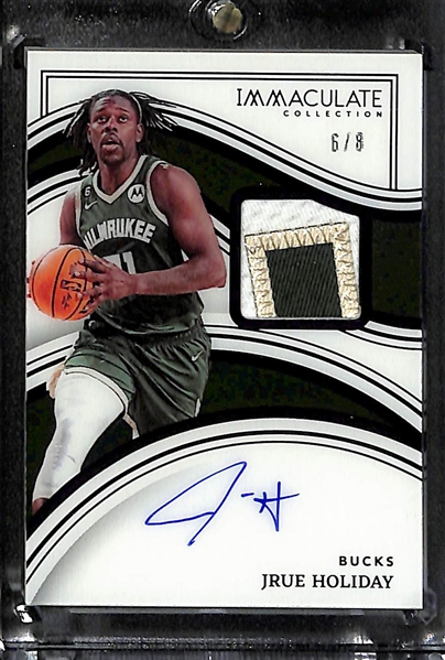 Lot of (3) Basketball Veteran Autographs- 2021-22 Spectra Lauri Markkanen (#/1), 2022-23 Immaculate Jrue Holiday Patch (#/8), 2021-22 Obsidian Duncan Robinson Gold (#/10)
