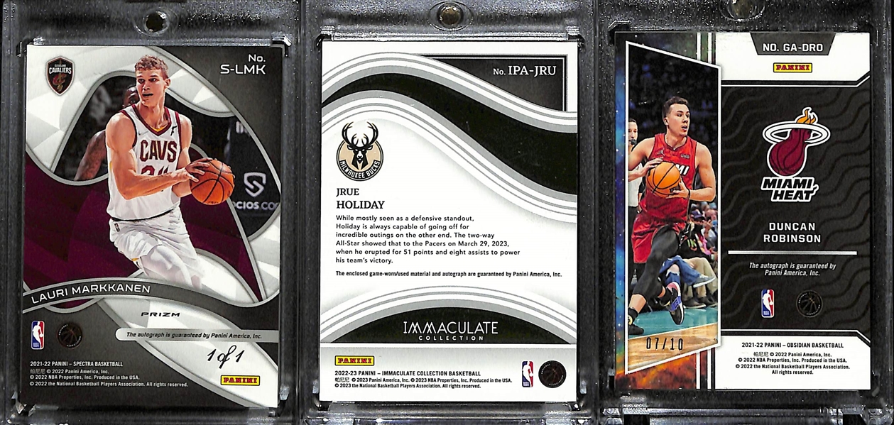 Lot of (3) Basketball Veteran Autographs- 2021-22 Spectra Lauri Markkanen (#/1), 2022-23 Immaculate Jrue Holiday Patch (#/8), 2021-22 Obsidian Duncan Robinson Gold (#/10)