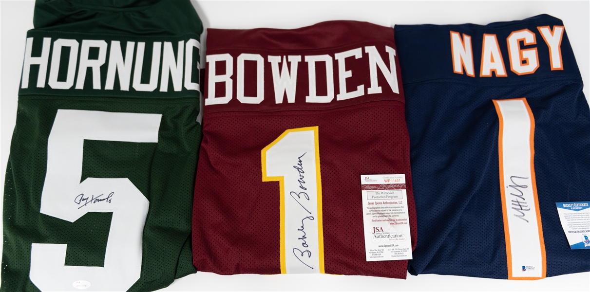 (3) Signed Football Jerseys - Paul Hornung (HOF - Packers - JSA COA), Bobby Bowden (Florida State - JSA COA), Matt Nagy (Bears Coach - Beckett COA)