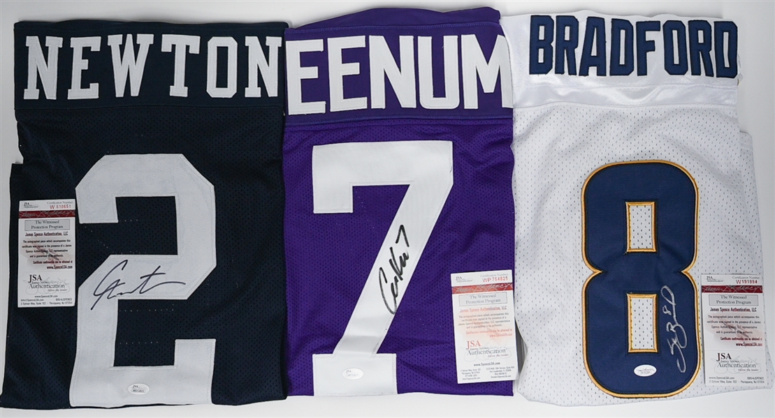 (3) Signed Football Jerseys -  Cam Newton (Panthers Style - JSA COA), Sam Bradford (Rams Style - JSA COA), Case Keenum (Vikings Style - JSA COA)