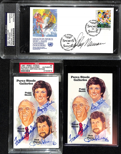 Leroy Neiman Signed FDC (PSA/DNA Slabbed), & (2) Perez-Steele Postcards Signed by Dick Perez, Frank Steele, & Peggy Steele (One PSA/DNA Slabbed, One JSA COA)