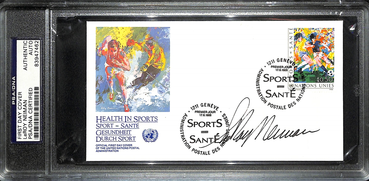 Leroy Neiman Signed FDC (PSA/DNA Slabbed), & (2) Perez-Steele Postcards Signed by Dick Perez, Frank Steele, & Peggy Steele (One PSA/DNA Slabbed, One JSA COA)