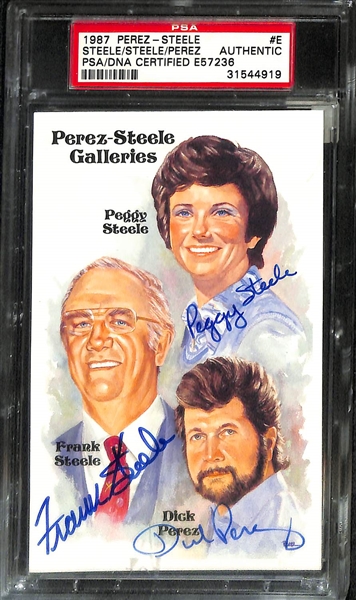 Leroy Neiman Signed FDC (PSA/DNA Slabbed), & (2) Perez-Steele Postcards Signed by Dick Perez, Frank Steele, & Peggy Steele (One PSA/DNA Slabbed, One JSA COA)