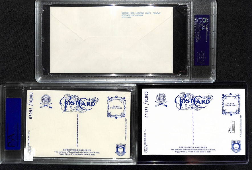 Leroy Neiman Signed FDC (PSA/DNA Slabbed), & (2) Perez-Steele Postcards Signed by Dick Perez, Frank Steele, & Peggy Steele (One PSA/DNA Slabbed, One JSA COA)