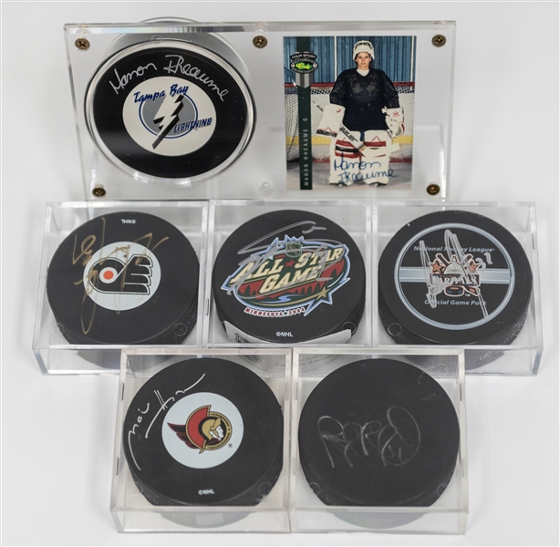 Hockey Autograph Lot (6) Pucks (w. Manon Rheaume, Marian Hossa, Joe Sakic, Eric Dejardins, Rob Blake, Olaf Kolzig) & Manon Rheaume Signed Card - JSA Auction Letter