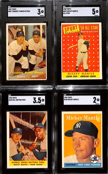 (4) Card Mickey Mantle Topps Graded Lot - 1957 Mantle/Berra #407 (SGC 3), 1958 #150 (SGC 2), 1958 Mantle/Aaron 418 (SGC 3.5), 1958 All-Star #487 (SGC 5)