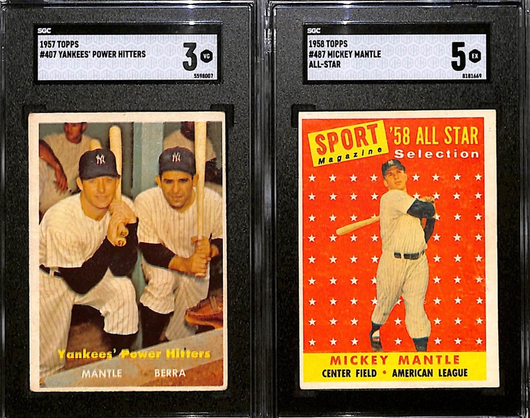 (4) Card Mickey Mantle Topps Graded Lot - 1957 Mantle/Berra #407 (SGC 3), 1958 #150 (SGC 2), 1958 Mantle/Aaron 418 (SGC 3.5), 1958 All-Star #487 (SGC 5)