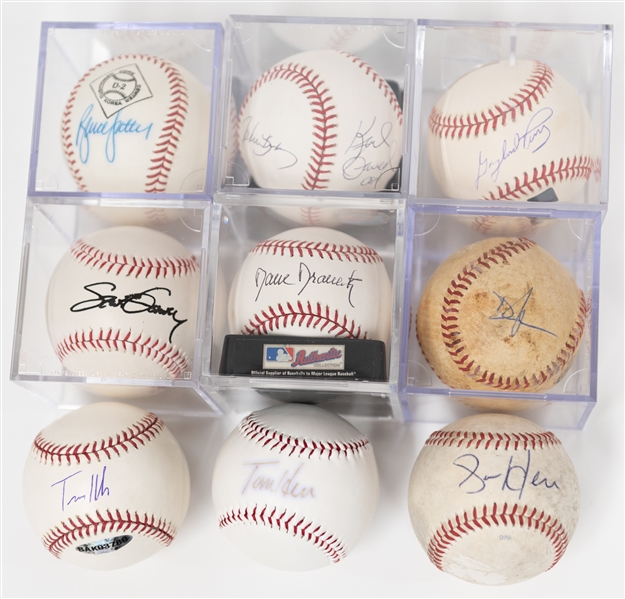 (8) Signed Baseballs w. Bruce Sutter, Gaylord Perry, Dave Dravecky, DJ Dozier, Tom Herr (Faded), Aaron Herr, Multi-Signed (w. Kruk), Travis Hafner - JSA Auction Letter