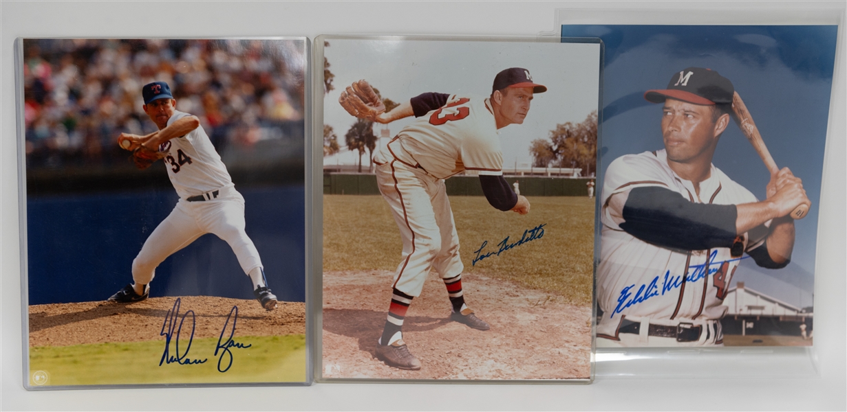 Lot of (21) Signed 8x10 Baseball Photos w. Nolan Ryan, Eddie Mathews, Lou Burdette, Enos Slaughter, Bobby Richardson, + (JSA Auction Letter)
