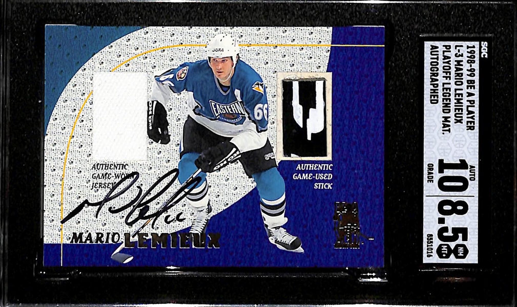 1998-99 Be A Player Mario Lemieux Playoff Legend Material Autograph Dual Patch Stick Graded SGC 8.5 (10 Auto)