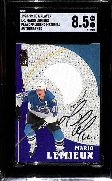 1998-99 Be A Player Mario Lemieux Playoff Legend Material Autograph Patch Graded SGC 8.5 (10 Auto)