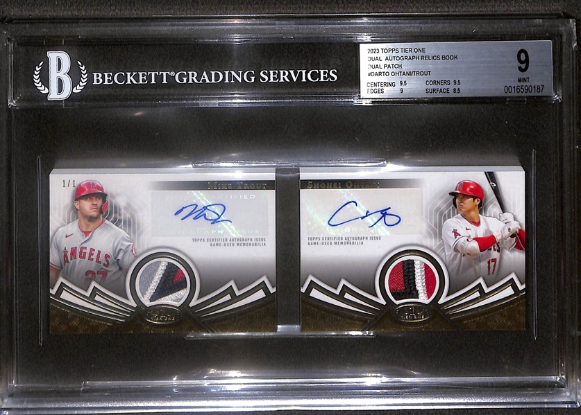 2023 Topps Tier 1 Mike Trout & Shohei Ohtani Dual Autograph / Patch Booklet Card #ed 1/1, Graded Beckett BGS 9!