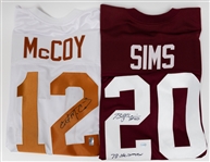 Billy Sims (Oklahoma) & Colt McCoy (Texas Stat Jersey) Signed Jerseys (JSA Auction Letter)