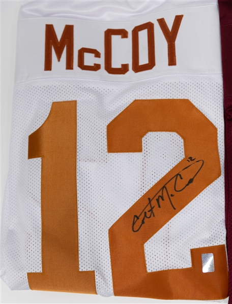 Billy Sims (Oklahoma) & Colt McCoy (Texas Stat Jersey) Signed Jerseys (JSA Auction Letter)