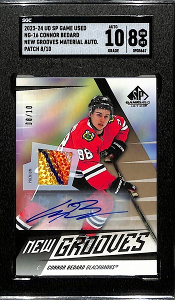 2023-24 Upper Deck SP Game-Used Connor Bedard Rookie Patch Autograph  (Gold Version #8/10) New Grooves Material Graded SGC 8 (10 Auto Grade)