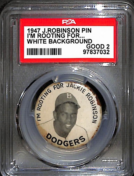 VERY RARE 1947 Jackie Robinson ROOKIE YEAR Stadium Pin I'm Rooting For Jackie Robinson - White Background Version - PSA 2