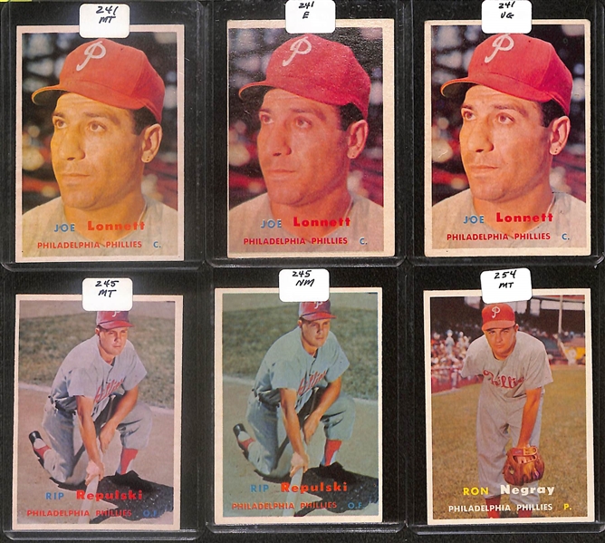 Lot of (50) 1957 Topps Phillies Cards inc. (2) Richie Ashburn, Robin Roberts, (2) Curt Simmons, Granny Hamner, +