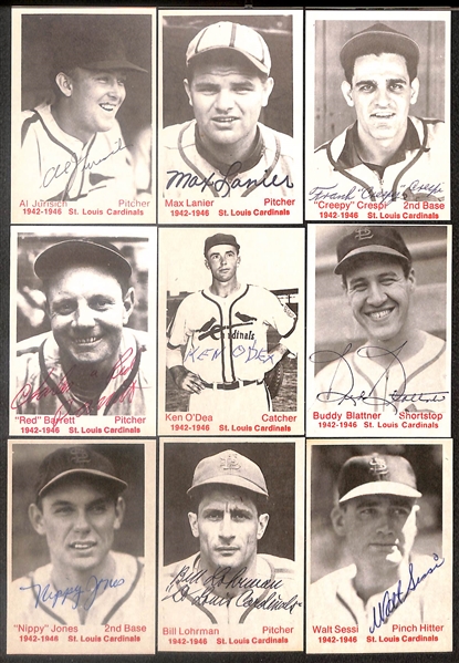 Lot of (42) Signed 1975 TCMA Cardinals Cards inc. Stan Musial, Leo Durcher, Joe Garagiola, Red Schoendienst, Dick Sisler, Enos Slaughter, + (Beckett BAS Reviewed)