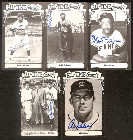 Lot of (13) Signed All Time Greats Postcards inc. Charlie Gehringer, Paul Waner, Warren Spahn, Bob Feller, George Kelly, + (Beckett BAS Reviewed)