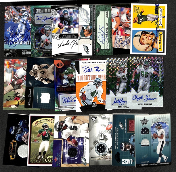 Lot of (18) Cards w. (12) Philadelphia Eagles Autograph & Memorabilia Relic Cards inc. McDonald, McNabb, Cunningham, Jaworski, Carmichael