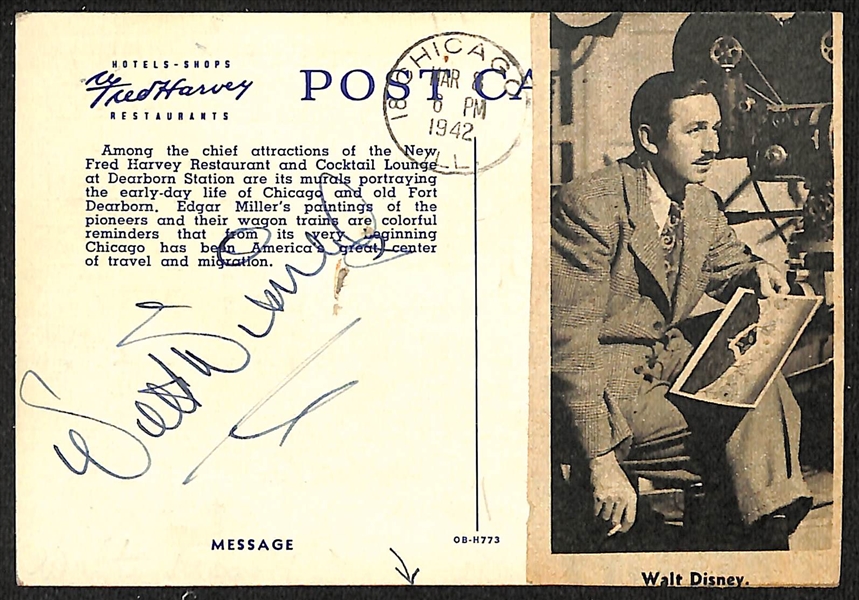 Walt Disney Signed Post Card (Full JSA Letter of Authenticity) - Dated March 8, 1942