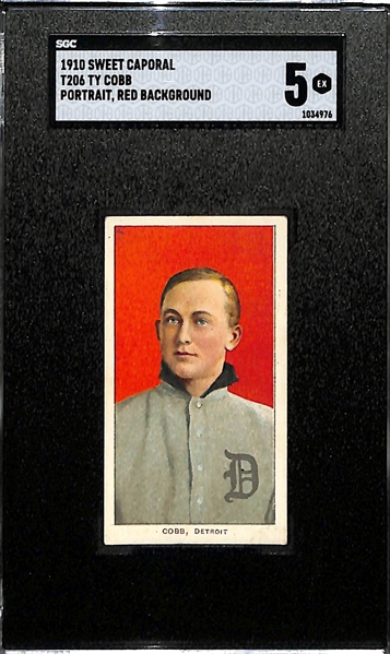 High-Quality 1910 T206 Sweet Caporal Ty Cobb Portrait (Red Background) Graded SGC 5 - RARE High Grade 1909-11 Tobacco Card!