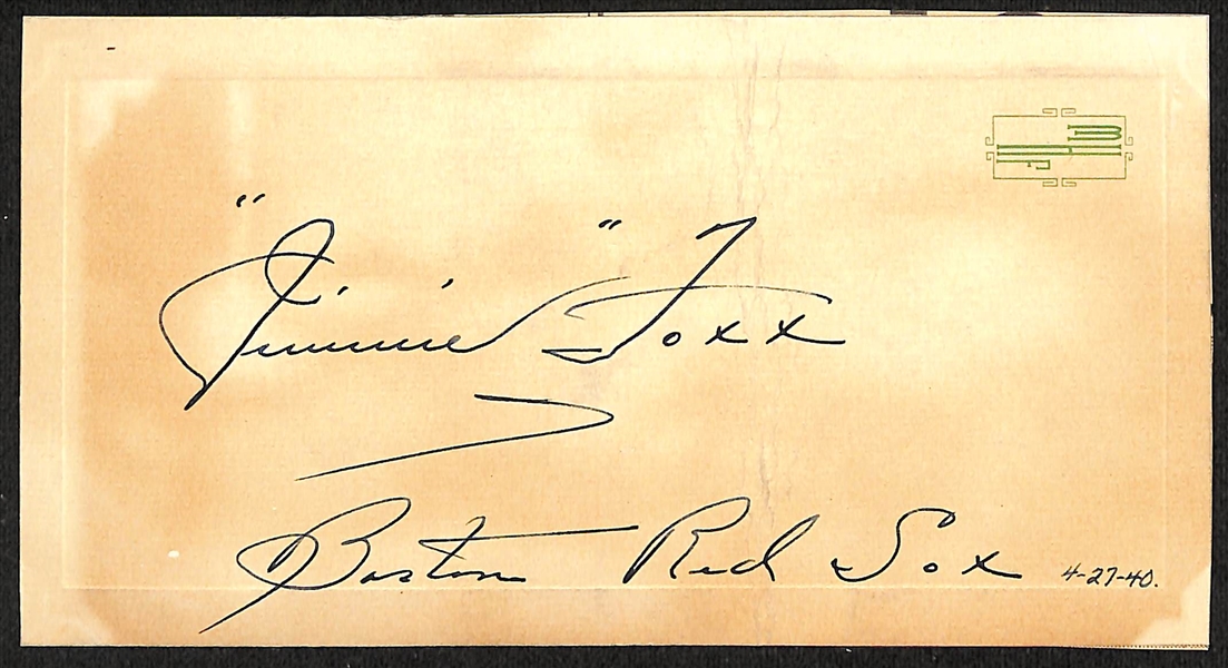Jimmie Foxx (HOF) Signed Stationary Card (JSA Auction Letter) dated April 27, 1940 - Large Signature w. Boston Red Sox Inscription